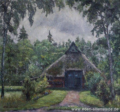 Unbekannter Ort, Reetdachhaus, 1960er, 69x65 cm, Öl auf Leinwand, Privatbesitz (WV-Nr. 513)