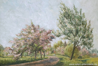 Unbekannter Ort, Straße im Frühling, 1950er, 63x43 cm, Öl auf Leinwand, Privatbesitz (WV-Nr. 1437)