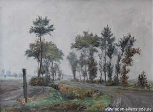 Unbekannter Ort, Straße mit Bäumen, 1940-50er, 70,5x51,7 cm, Öl auf Leinwand, Privatbesitz (WV-Nr. 972)