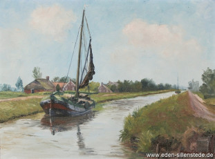 Unbekannter Ort, Torfschiffer auf dem Ems-Jade-Kanal,1930er, 55,5x41 cm, Öl auf Leinwand, Privatbesitz (WV-Nr. 1116)