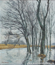 Unbekannter Ort, Überschwemmte Wiesen, um 1952, 29x33,3 cm, Öl auf Leinwand, Privatbesitz (WV-Nr. 1235)