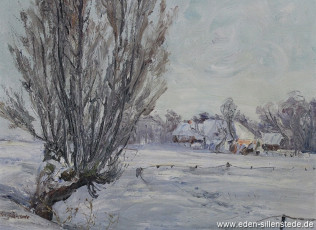 Unbekannter Ort, Winterlandschaft, 1940-50er 42x32 cm, Öl auf Holz, Privatbesitz (WV-Nr. 719)