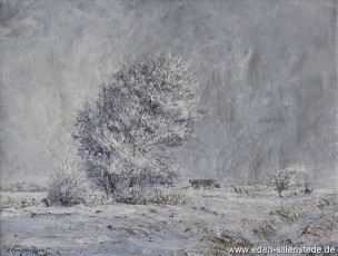 Unbekannter Ort, Winterlandschaft, 1962, 50x38 cm, Öl auf Leinwand, Privatbesitz (WV-Nr. 1078)