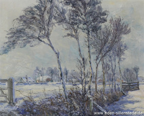 Unbekannter Ort, Winterlandschaft mit Birken, 1940-50er, 62x50,5 cm, Öl auf Leinwand, Besitz Landkreis Friesland (WV-Nr. 599)