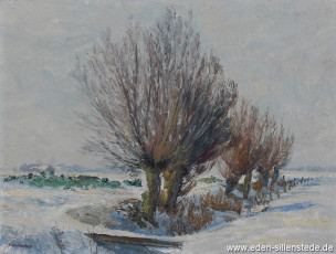 Unbekannter Ort, Winterlandschaft mit Weiden, 1950er, 45x33,8 cm, Öl auf Leinwand auf Holz, Privatbesitz (WV-Nr. 1241)