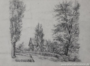 Unbekannter Ort, Wohnhaus Bierbrauer König, 1940-50er, 32x24 cm, Bleistiftzeichnung, Nachlass Arthur Eden (WV-Nr. 188)