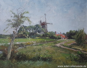 Uttum, Blick auf die Mühle, um 1960, 64x49 cm, Öl auf Leinwand, Privatbesitz (WV-Nr. 1135)