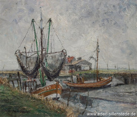Varel, Hafen, 1964, 59,5x50,7 cm, Öl auf Leinwand, Privatbesitz (WV-Nr. 1485)