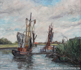 Varel, Hafen am Binnentief, um 1960, 50,2x45 cm, Öl auf Leinwand, Privatbesitz (WV-Nr. 1339)