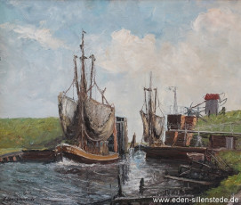 Varel, Hafen an der Schleuse, 1968, 60,5x50,5 cm, Öl auf Leinwand, Privatbesitz (WV-Nr. 671)