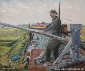 Varel, Hafen an der Schleuse, Schleusenwärter Carl Schütte, 1968, 60x50 cm, Öl auf Leinwand, Nachlass Arthur Eden (WV-Nr. 51)