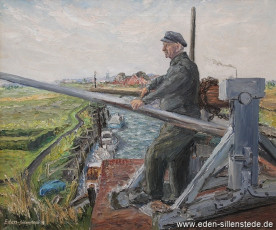 Varel, Hafen an der Schleuse, Schleusenwärter Carl Schütte, 1968, 60x50 cm, Öl auf Leinwand, Nachlass Arthur Eden (WV-Nr. 51)