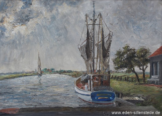Varel, Hafen an der Schleuse, um 1960, 70x50 cm, Öl auf Leinwand, Privatbesitz (WV-Nr. 538)