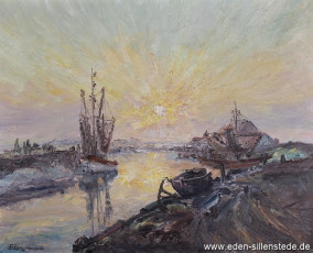 Varel, Hafen, Sonnenaufgang am Binnentief, 1960er, 66,5x54 cm, Öl auf Leinwand, Privatbesitz (WV-Nr. 1354)