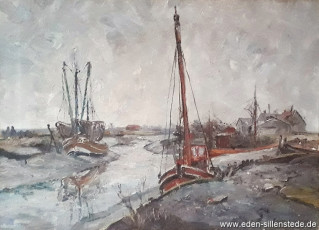 Varel, Hafen, um 1960, 60x44 cm, Öl auf Leinwand, Privatbesitz (WV-Nr. 1227)