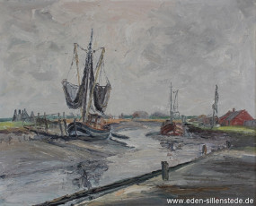 Varel, Hafen, um 1960, 62,5x50,7 cm, Öl auf Leinwand, Privatbesitz (WV-Nr. 1326)