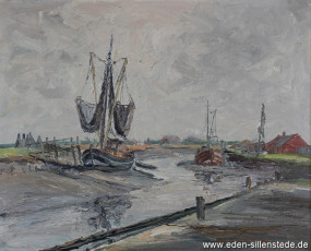 Varel, Hafen, um 1960, 62,5x50,7 cm, Öl auf Leinwand, Privatbesitz (WV-Nr. 1326)