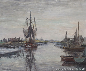 Varel, Hafen, um 1960, 65x53 cm, Öl auf Leinwand, Privatbesitz (WV-Nr. 1182)