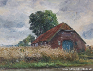 Varel, Haus in Borgstede, Winkelsheide, 1965, 66,3x50,3 cm, Öl auf Leinwand, Privatbesitz (WV-Nr. 1414)