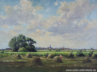 Varel, Wiesen vor Varel, um 1960, 86x65 cm, Öl auf Leinwand, Besitz Landkreis Friesland (WV-Nr. 575)