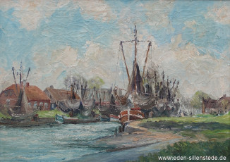 Westeraccumersiel, Hafen, 1950er, 70,5x50,6 cm, Öl auf Leinwand, Besitz Landkreis Friesland (WV-Nr. 593)