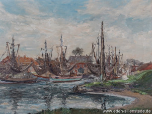 Westeraccumersiel, Hafen, 1960, 66,3x50,2 cm, Öl auf Leinwand, Privatbesitz (WV-Nr. 1389)