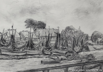 Westeraccumersiel, Hafen, 1960er, 28x20cm, Kohlezeichnung, Privatbesitz (WV-Nr. 1099)