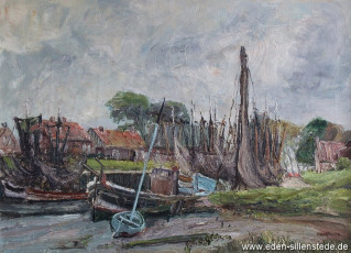 Westeraccumersiel, Hafen, 1960er, 70x50,5 cm, Öl auf Leinwand, Privatbesitz (WV-Nr. 509)