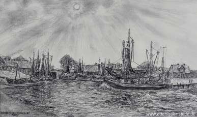 Westeraccumersiel, Hafen, 1963, 35x21 cm, Kohlezeichnung, Privatbesitz (WV-Nr. 32)