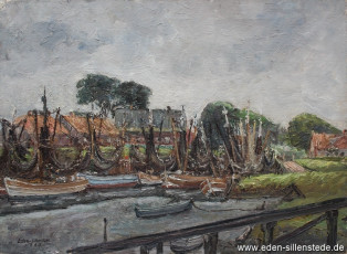 Westeraccumersiel, Hafen, 1963, 69x51 cm, Öl auf Leinwand, Nachlass Arthur Eden (WV-Nr. 110)