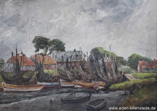 Westeraccumersiel, Hafen, 1963, 70x50 cm, Öl auf Leinwand, Privatbesitz (WV-Nr. 526)