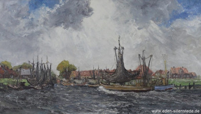 Westeraccumersiel, Hafen, Einlaufendes Schiff, 1960er, 80x46,5 cm, Öl auf Leinwand, Privatbesitz (WV-Nr. 660)