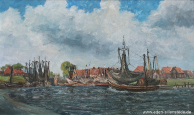 Westeraccumersiel, Hafen, Einlaufendes Schiff, 1963, 84x50 cm, Öl auf Leinwand, Privatbesitz (WV-Nr. 1109)