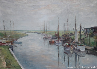 Wilhelmshaven, Hafen Rüstersiel, 1940-50er, 70,5x51 cm, Öl auf Leinwand, Privatbesitz (WV-Nr. 1049)