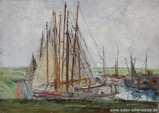 Wilhelmshaven, Hafen Rüstersiel, Segelschiffe, 1958, 57x41 cm, Öl auf Leinwand, Nachlass Arthur Eden (WV-Nr. 66)