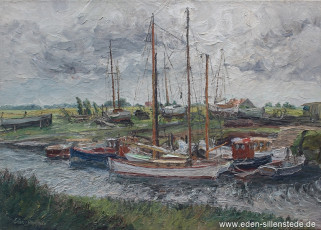 Wilhelmshaven, Hafen Rüstersiel, um 1960, 70,2x50,2 cm, Öl auf Leinwand, Privatbesitz (WV-Nr. 1416)