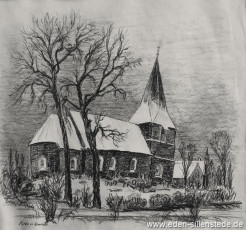 Wilhelmshaven, Kirche Neuende, 1950-60er, 26x28 cm, Kohlezeichnung, Privatbesitz (WV-Nr. 674)
