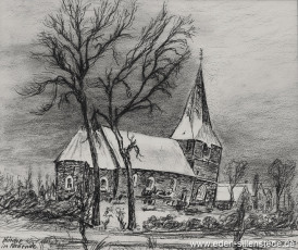 Wilhelmshaven, Kirche Neuende, 1950-60er, 27,1x26 cm, Kohlezeichnung, Besitz Landkreis Friesland (WV-Nr. 589)