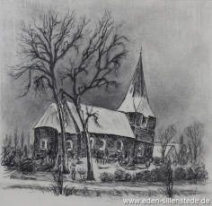 Wilhelmshaven, Kirche Neuende, 1950-60er, 28x29 cm, Kohlezeichnung, Privatbesitz (WV-Nr. 967)