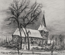 Wilhelmshaven, Kirche Neuende, 1950-60er, 29,5x25 cm, Kohlezeichnung, Besitz Landkreis Friesland (WV-Nr. 588)