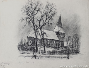 Wilhelmshaven, Kirche Neuende, 1950-60er, 40x29,5 cm, Kohlezeichnung, Nachlass Arthur Eden (WV-Nr. 192)