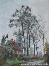 Wilhelmshaven, Kirche Neuende, um 1956, 44,4x58,3 cm, Öl auf Leinwand, Privatbesitz (WV-Nr. 1024)