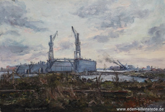 Wilhelmshaven, Werft, 1961, 77x53 cm, Öl auf Leinwand, Nachlass Arthur Eden (WV-Nr. 104)