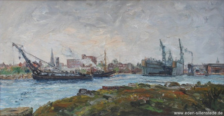 Wilhelmshaven, Werft, Marinearsenal, 1961, 68x36 cm, Öl auf Leinwand, Privatbesitz (WV-Nr. 1148)