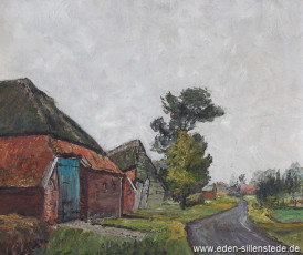 Wittmund, Häuser in Westochtersum, 1963, 60x51cm, Öl auf Leinwand, Privatbesitz (WV-Nr. 669)