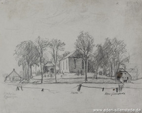 Wittmund, Kirche in Eggelingen, 1930-50er, 28x22 cm, Bleistiftzeichnung, Nachlass Arthur Eden (WV-Nr. 308)