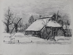 Zetel, Haus in Blauhand, 1960er, 39,5x29,5 cm, Kohlezeichnung, Nachlass Arthur Eden (WV-Nr. 214)