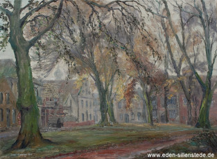 Jever, Stadt, Am Kirchplatz, Blick auf das Rathaus im Nebel, 1956, 68,5x50,5 cm, Öl auf Leinwand, Privatbesitz (WV-Nr. 1505)