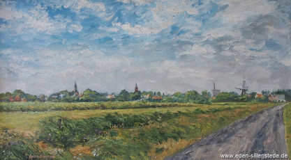 Jever, Umland, Blick vom Hooksweg aus, um 1970, 90,5x50,5 cm, Öl auf Leinwand, Privatbesitz (WV-Nr. 1500)