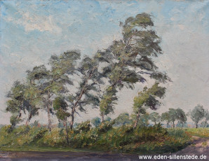 Schortens, Birken im Wind bei Heidmühle, 1960er, 68,2,5x52,5 cm, Öl auf Leinwand, Privatbesitz (WV-Nr. 1511)